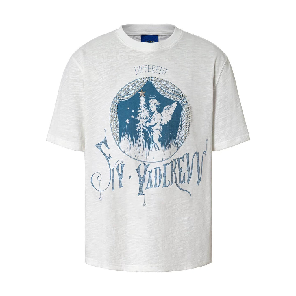 YADcrew Angel Print Star Studded Pearl Embellished Tee