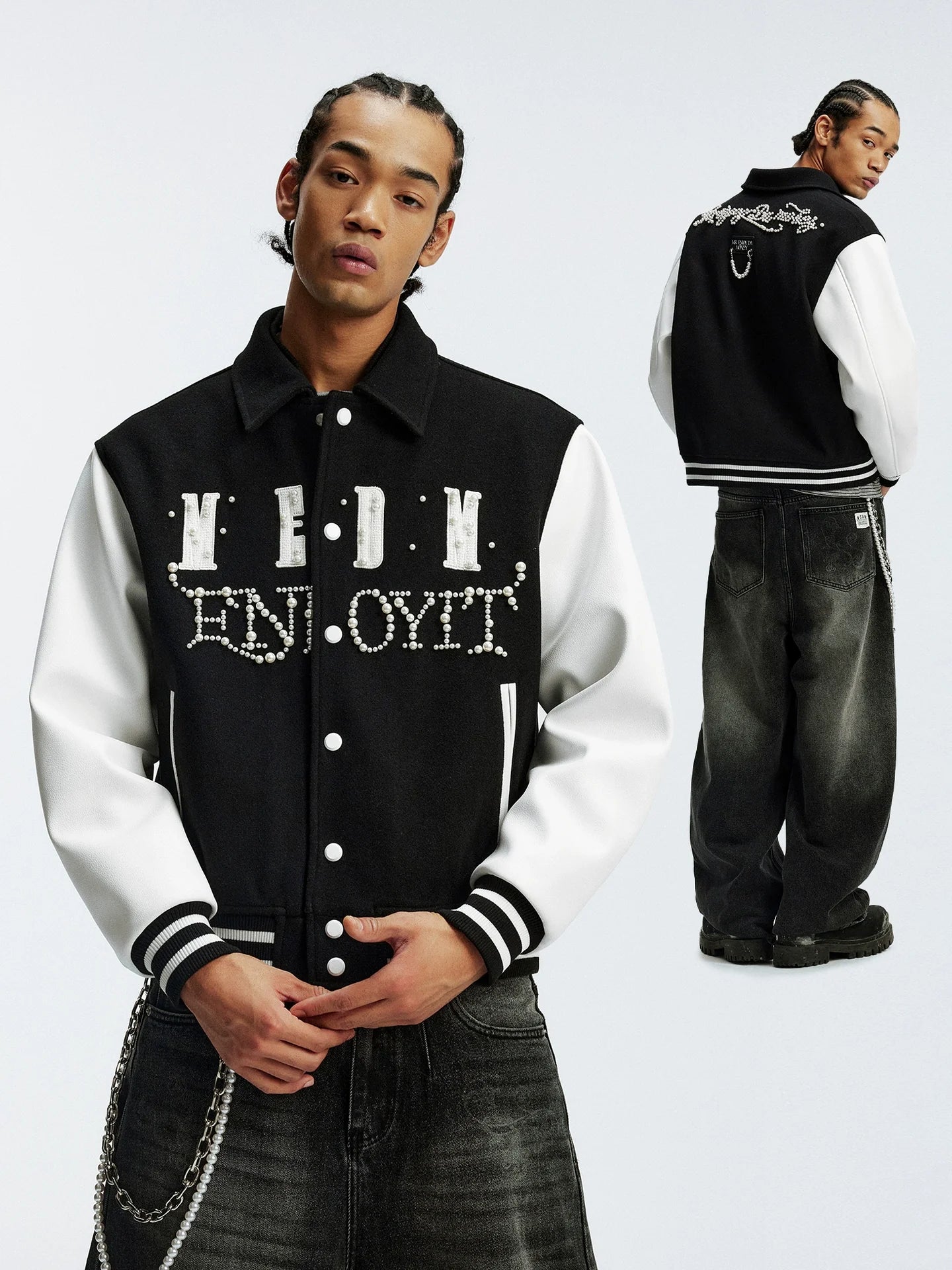 MEDM Pearl Logo Color Block Varsity Jacket