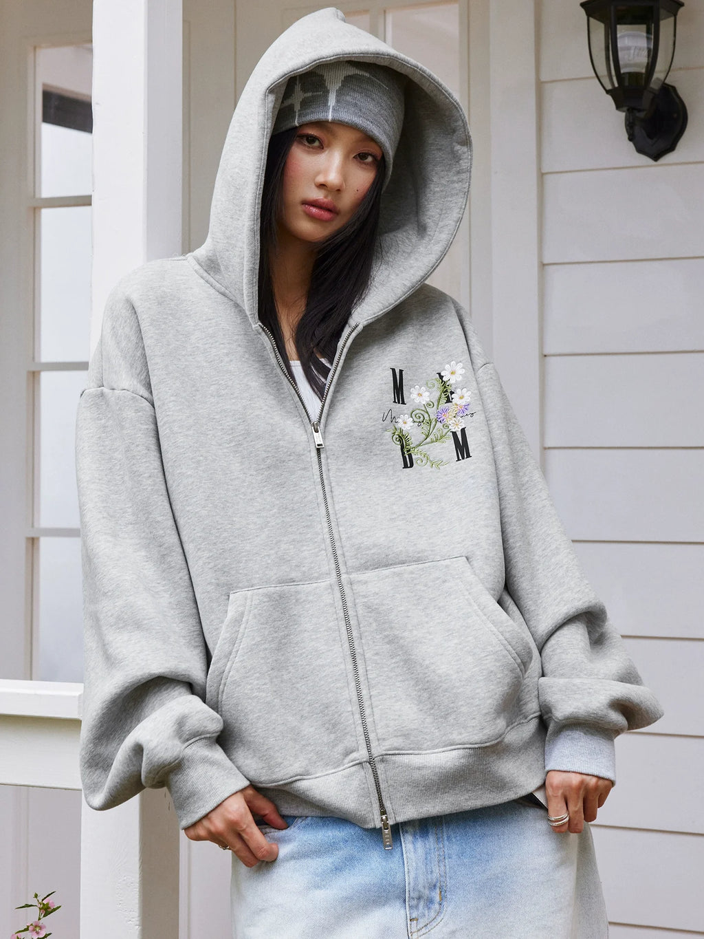 MEDM Floral Logo Embroidered Zip Up Hoodie