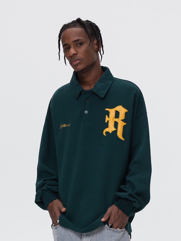 UNTILWERICH Patchwork Leather Embroidery Long Sleeve Polo