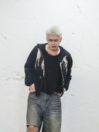UNDERWATER Winged Devil Bone Jacquard Distressed Knit Zip Up Hoodie