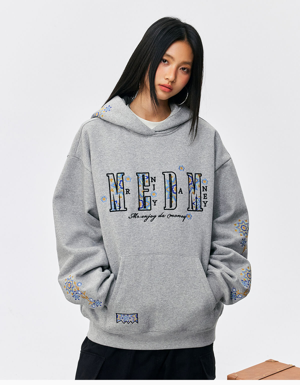 MEDM Ethnic Flower Embroidered Hoodie