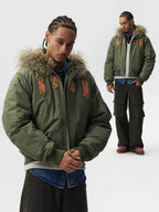 MEDM Animal Logo Patch Fur Hooded Bomber Jacket
