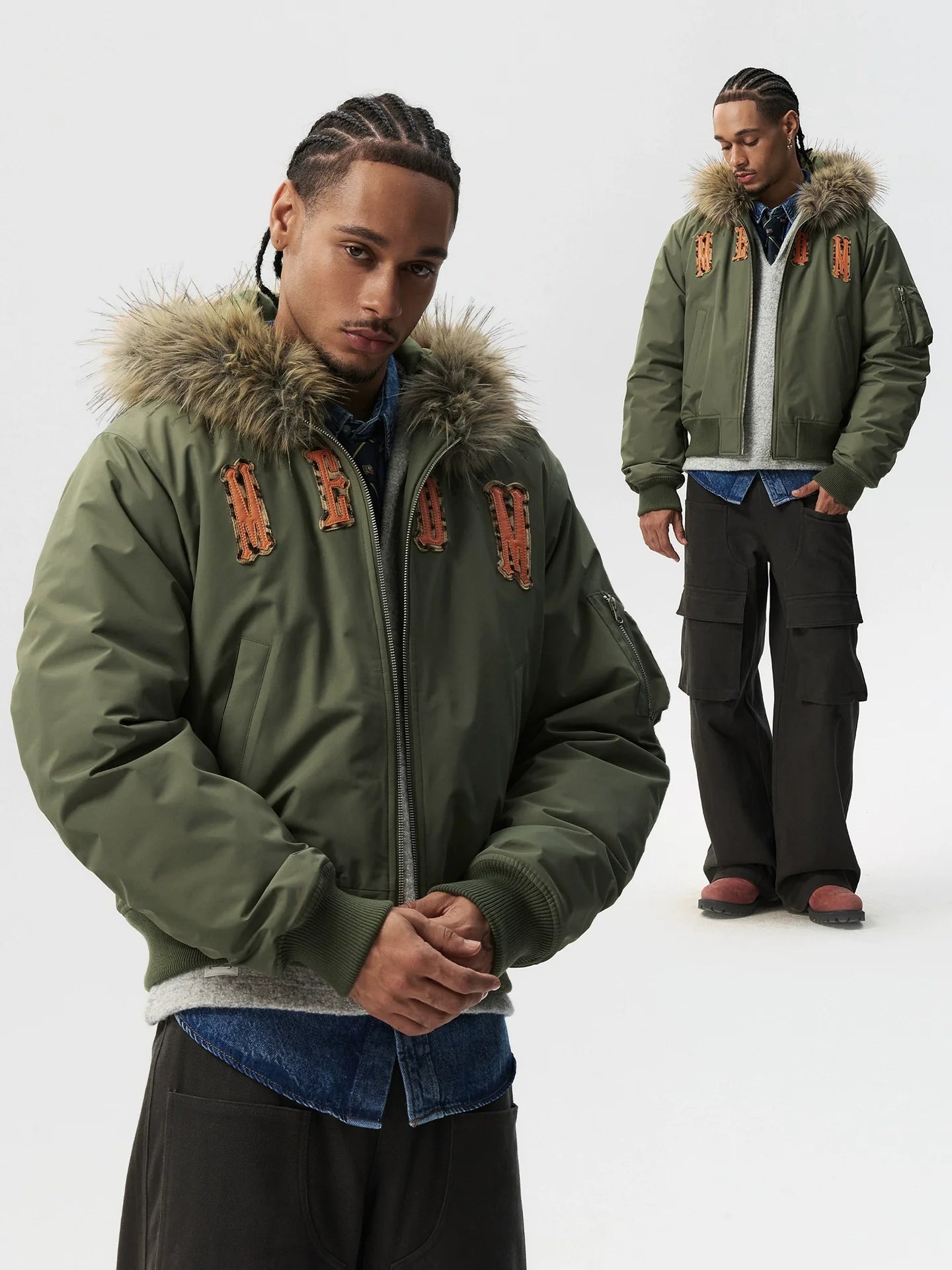 MEDM Animal Logo Patch Fur Hooded Bomber Jacket