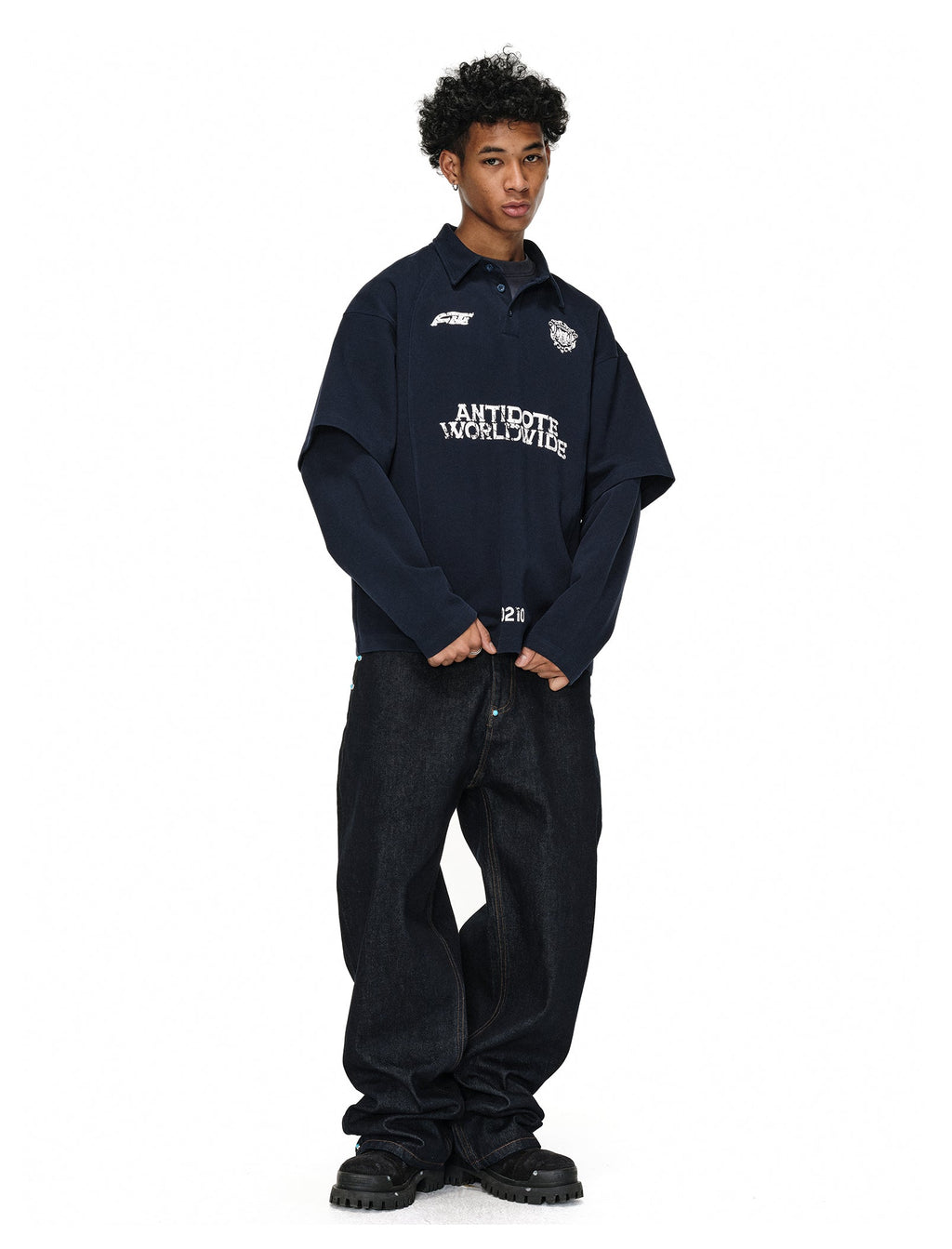 ANTIDOTE Logo & Badge Printed Layered Long Sleeve Polo