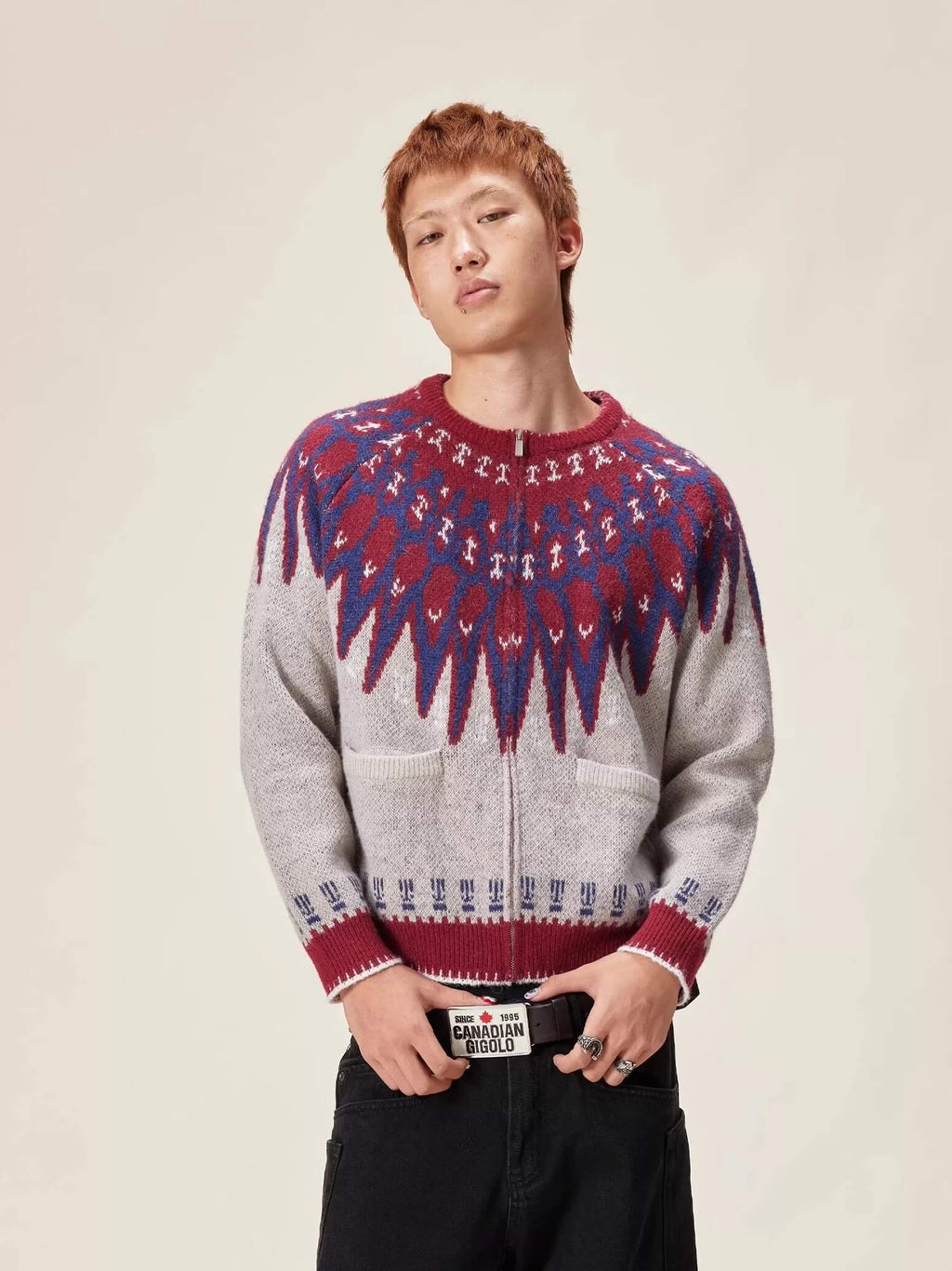 EVILKNIGHT(EK) Ethnic Pattern Knit Zip Up Cardigan