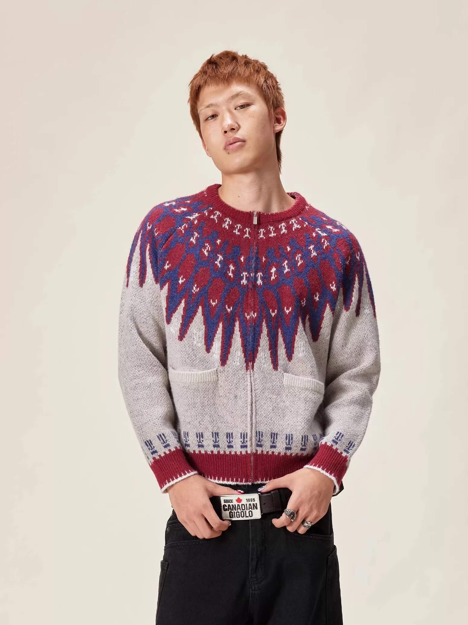 EVILKNIGHT(EK) Ethnic Pattern Knit Zip Up Cardigan