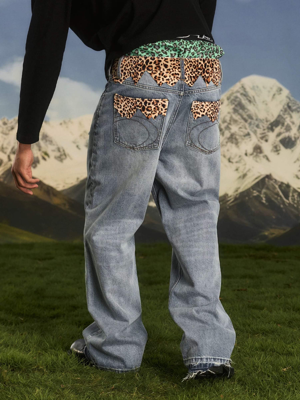 S45 Leopard Patchwork Washed Flared Jeans