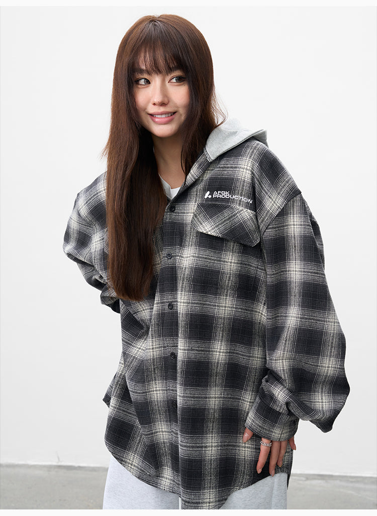 AFGK Plaid Embroidered Hooded Long Sleeve Shirt