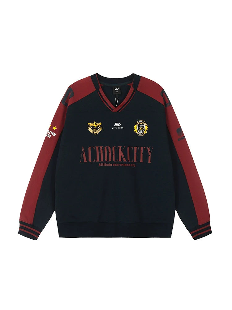 Achock Letter Printed Color Blocked V-Neck Sweatshirt