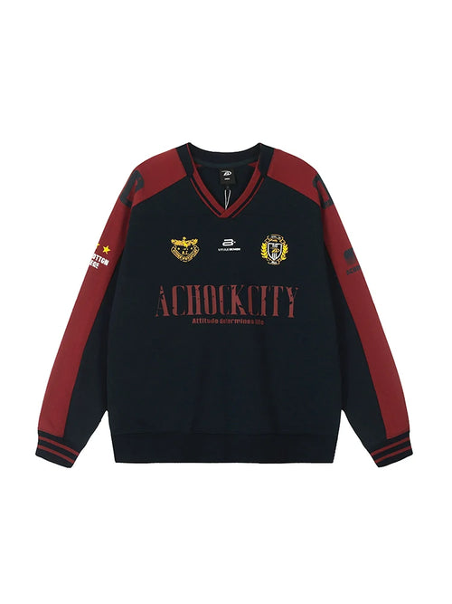 Achock Letter Printed Color Blocked V-Neck Sweatshirt