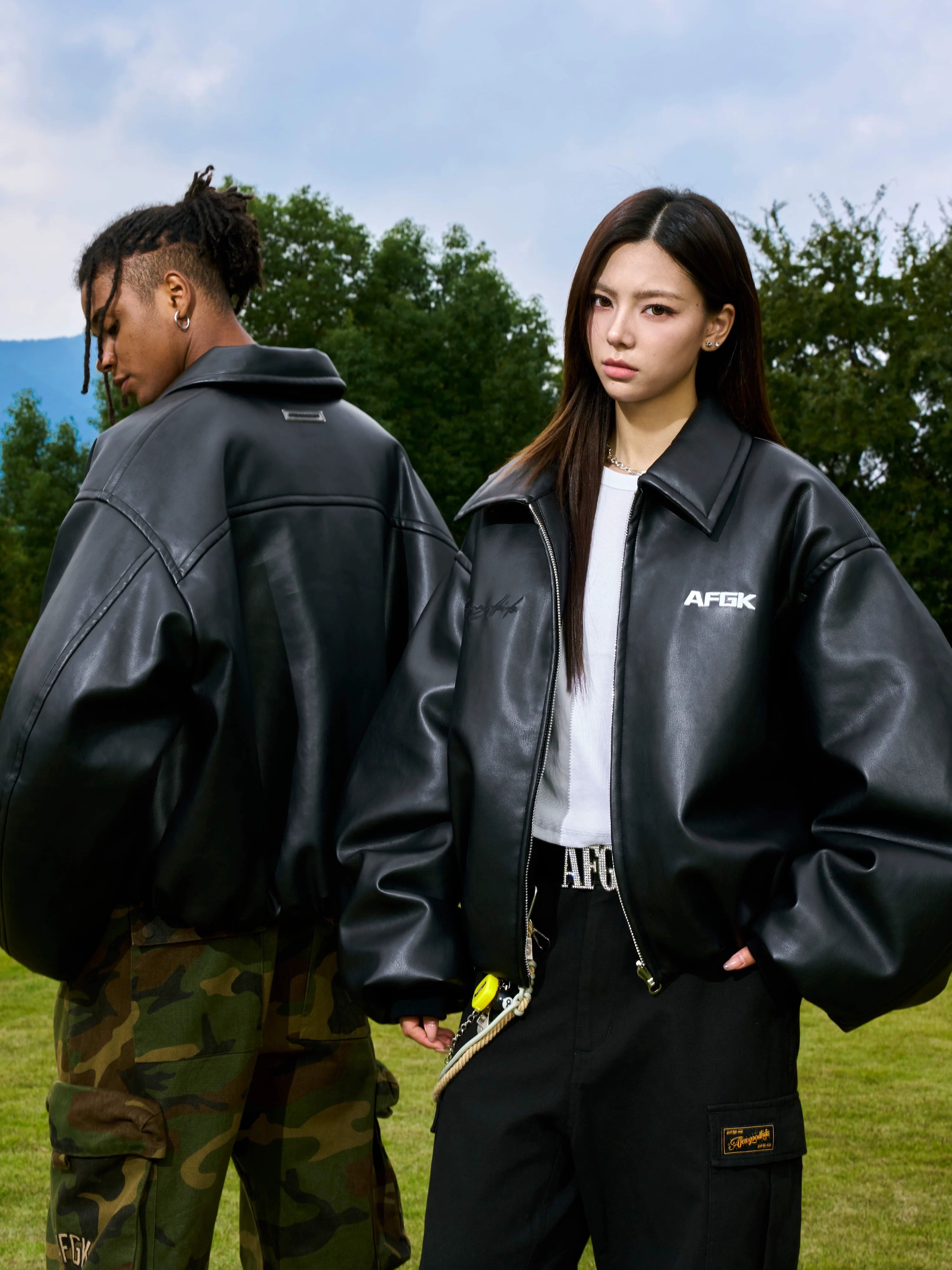 AFGK Embroidered Leather Short Bomber Jacket