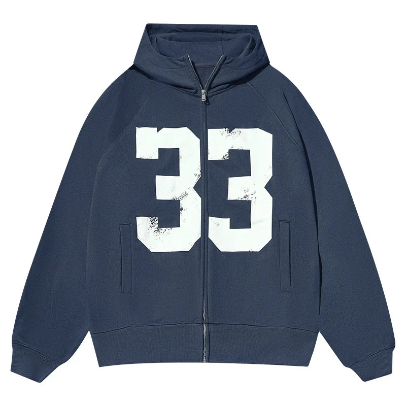 JUST VIBE Number 33 Vintage Print Zip Up Hoodie