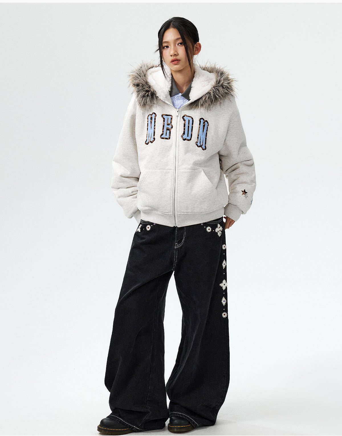 MEDM Faux Fur Lined Hooded Fur Zip Up Jacket