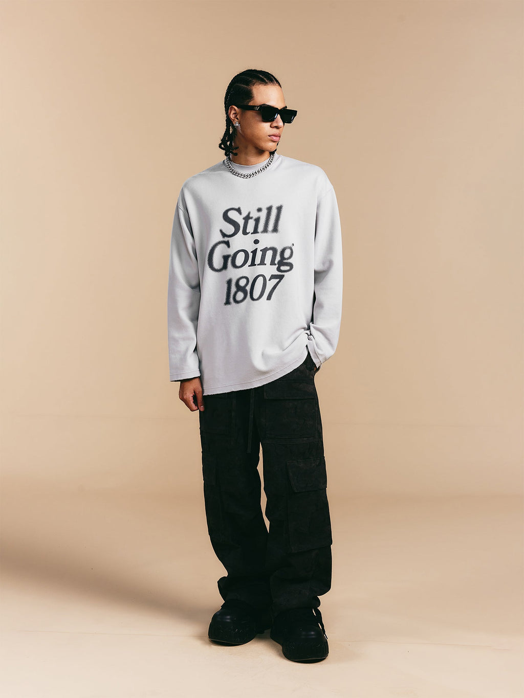 1807 Blurred Logo Print Distressed Long Sleeve Tee