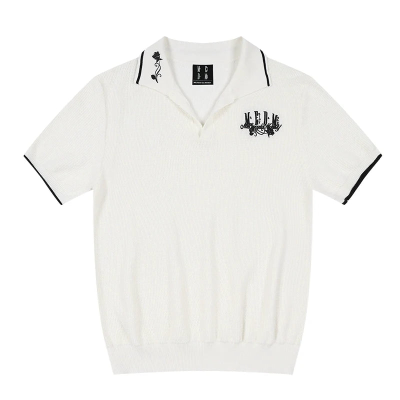 MEDM Rose Embroidered Waffle Knit Polo
