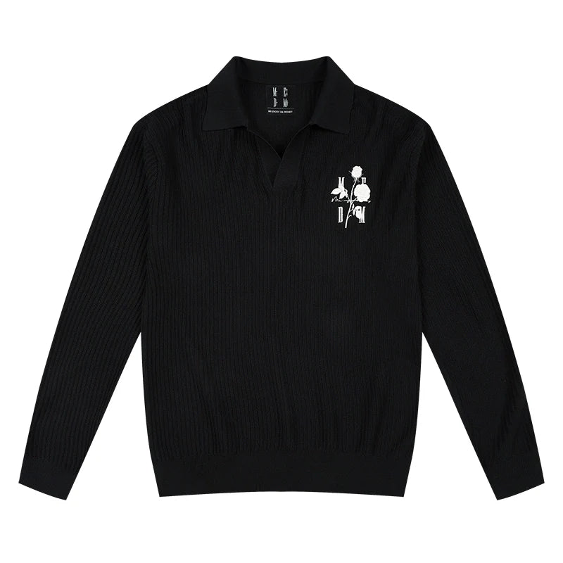 MEDM Rose Embroidered Textured Stripe Knit Long Sleeve Polo