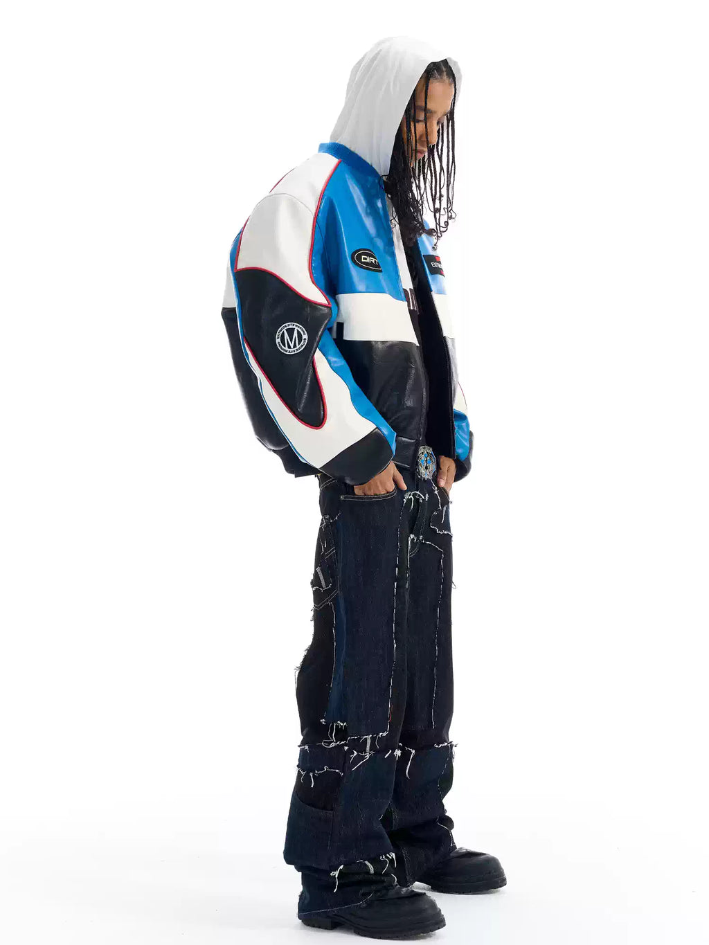 BLIND NO PLAN Color Block Embroidered Racing Leather Jacket