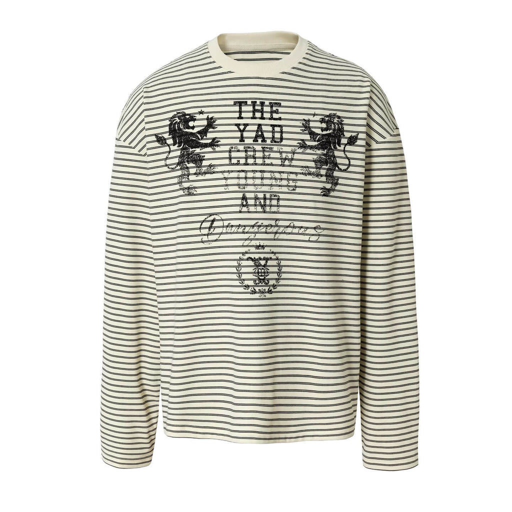 YADcrew Vintage Lion Print Striped Long Sleeve Tee