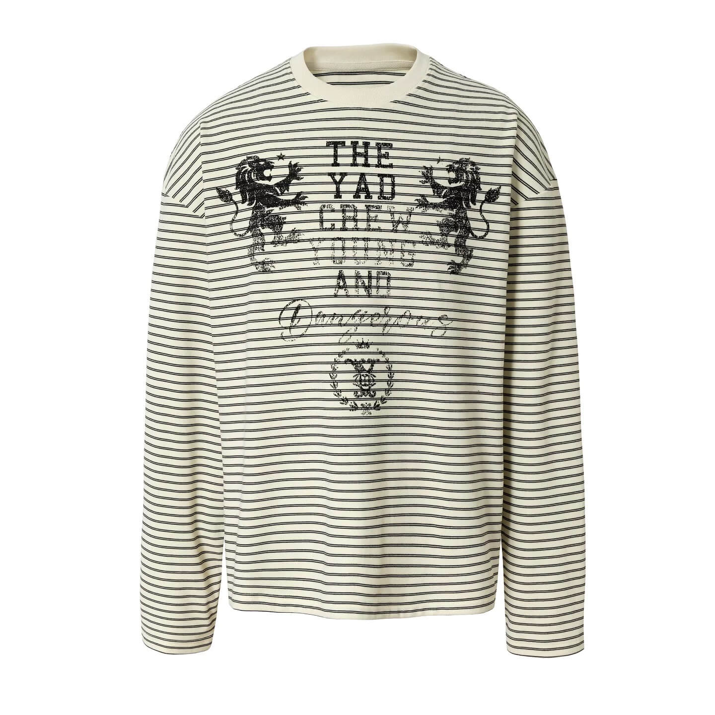 YADcrew Vintage Lion Print Striped Long Sleeve Tee