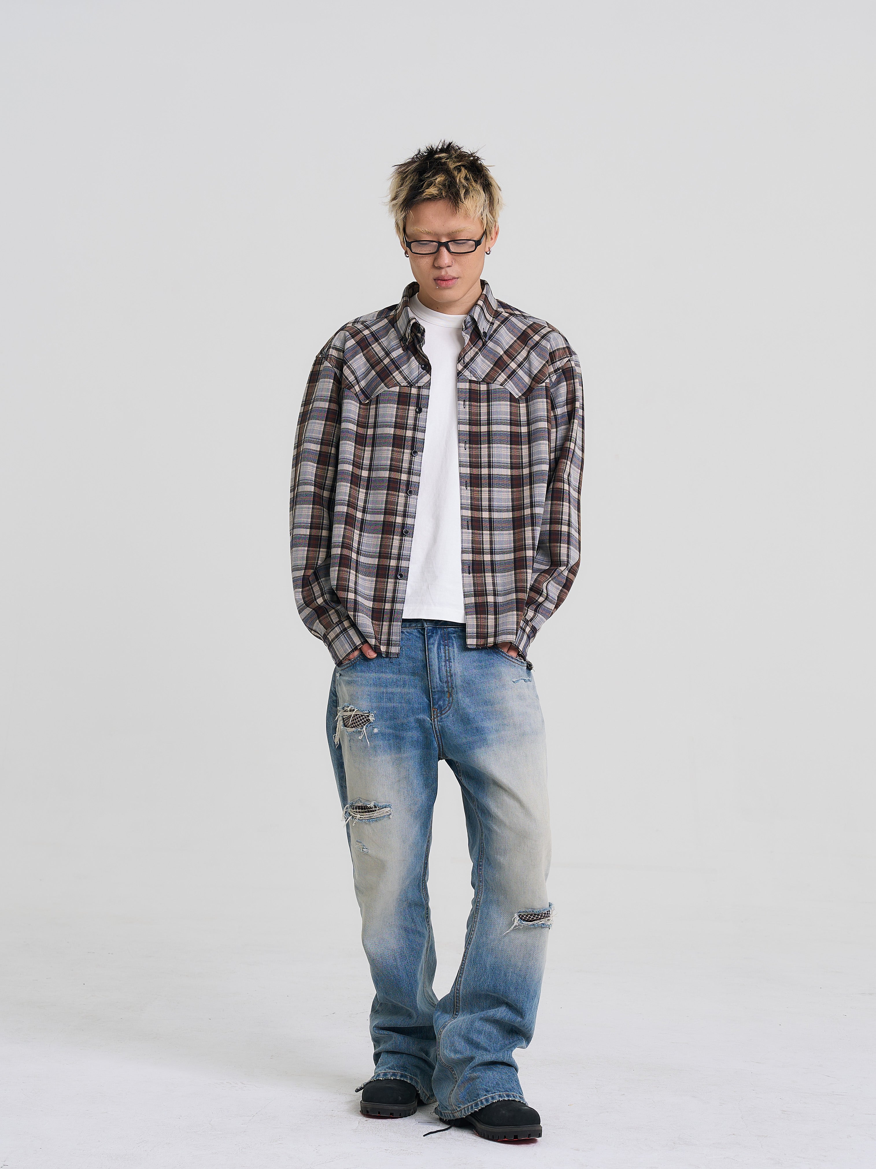 EVILKNIGHT(EK) Washed Checkered Patch Distressed Jeans