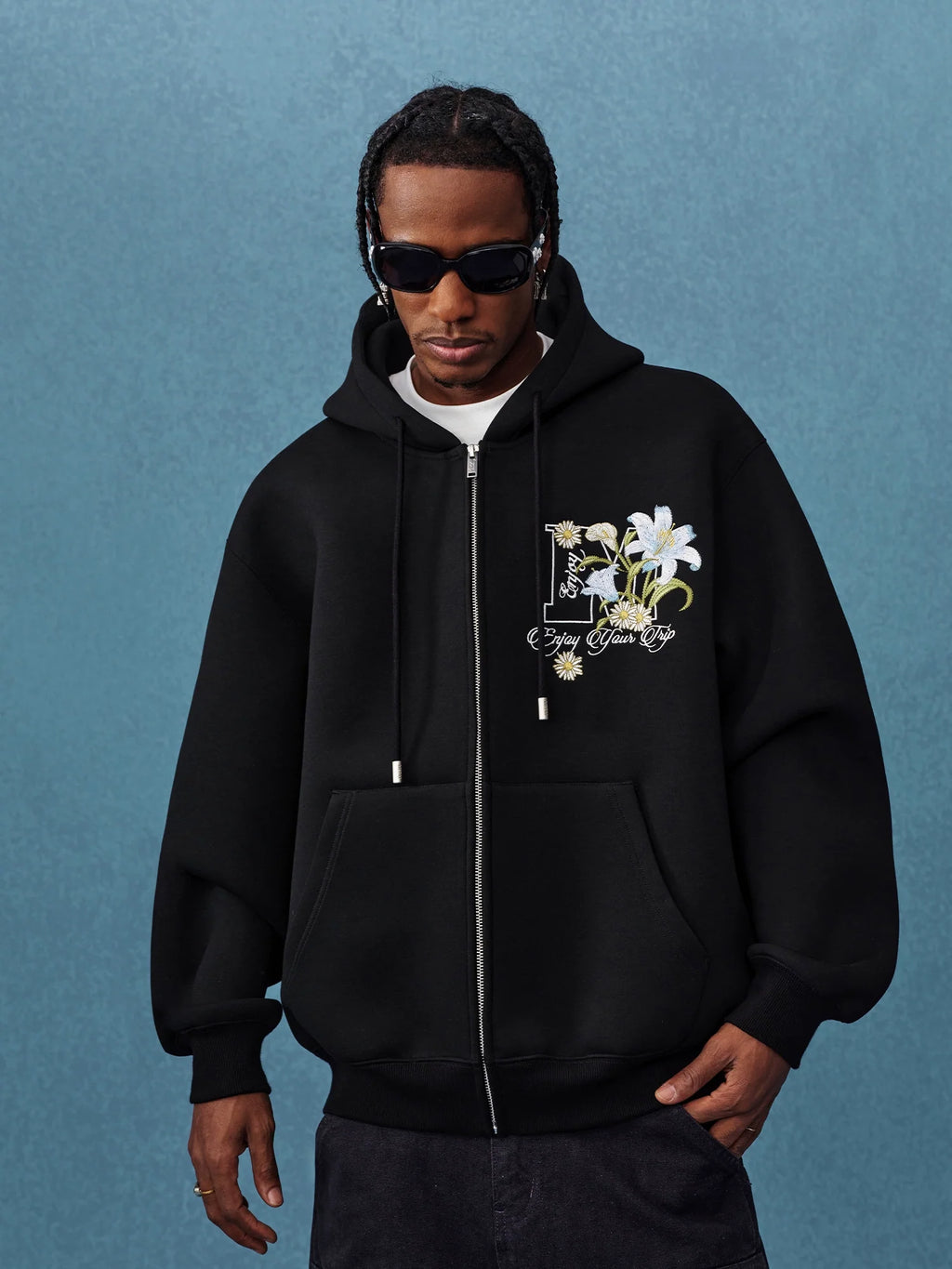 MEDM Floral Embroidery Air Layer Zip-Up Hoodie