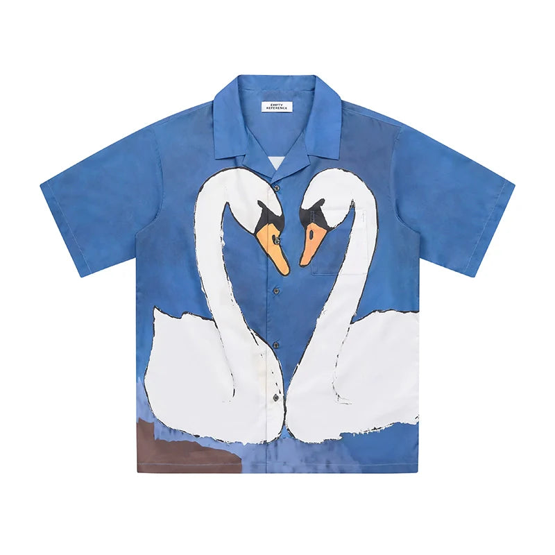 EMPTY REFERENCE Hand Painted Swan Print Short Sleeve Shirt