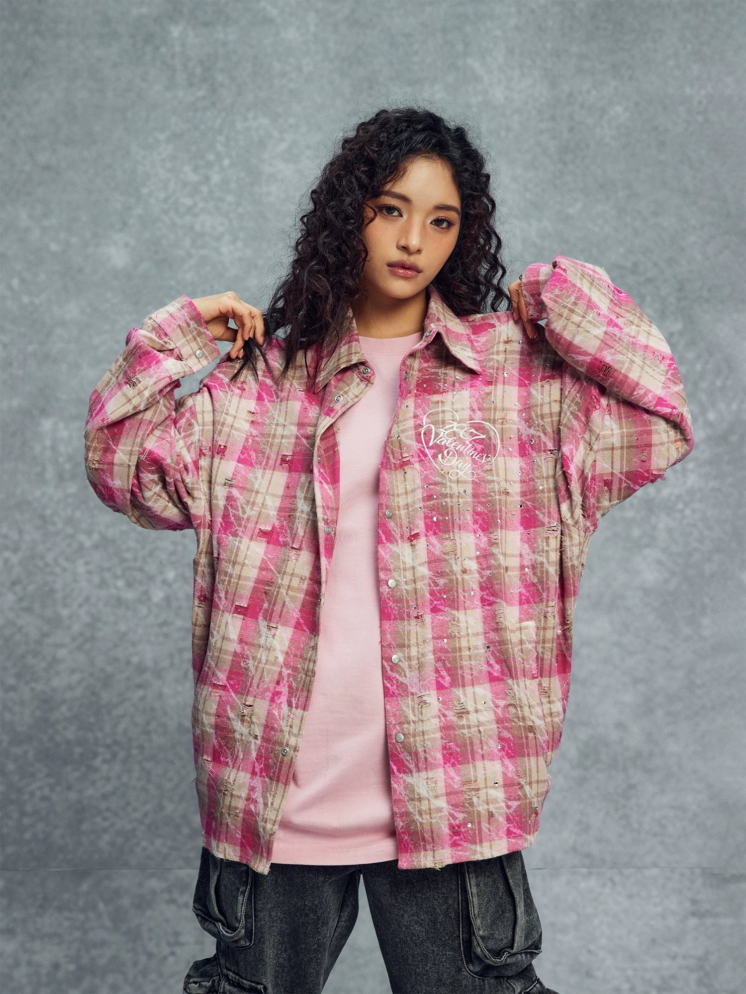 1807 Heart & Rhinestone Plaid Long Sleeve Shirt