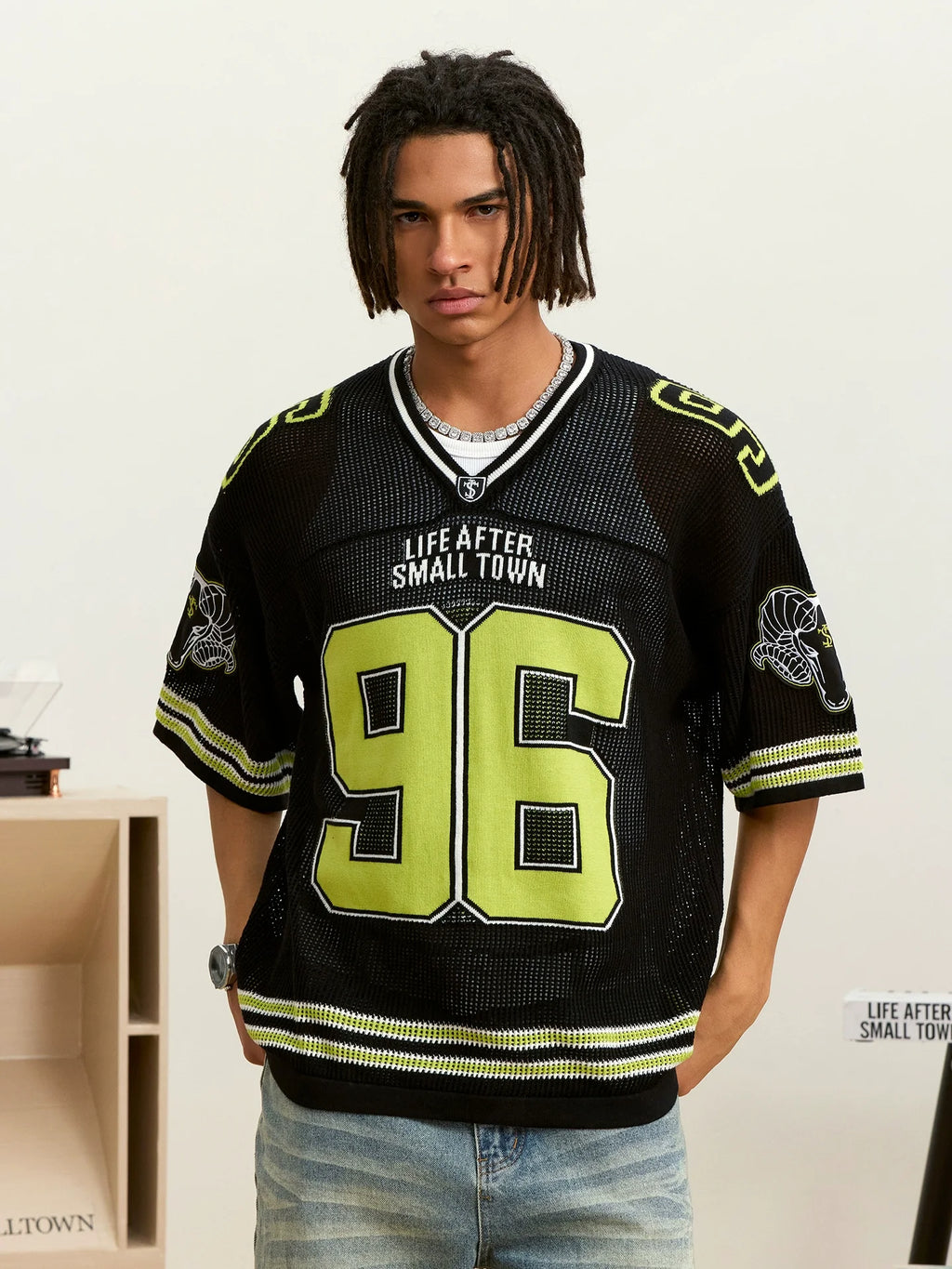 Small Town Kid Mesh Knit V Neck Rugby Jersey