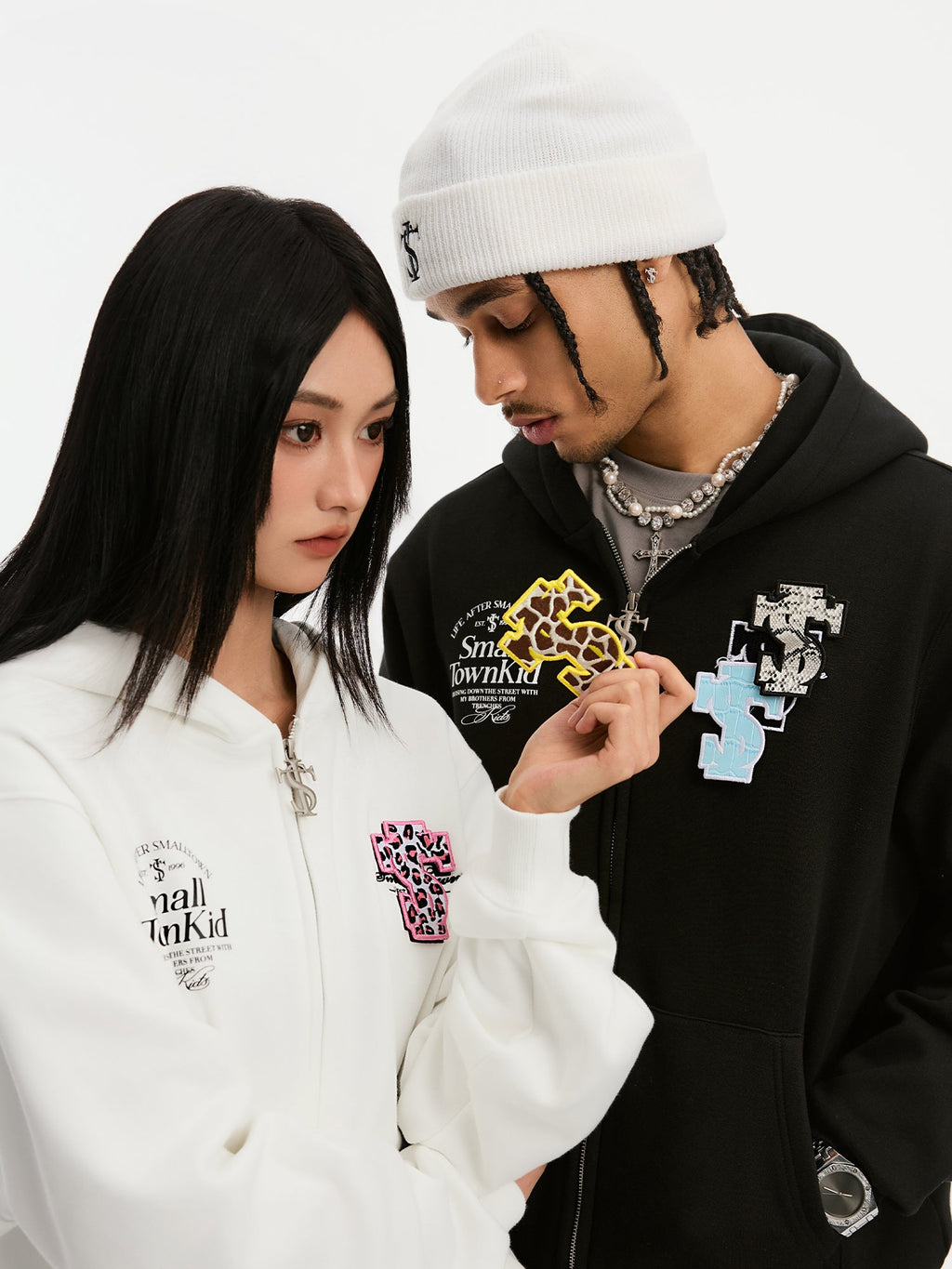 Small Town Kid Animal Textured Logo Velcro Zip-Up Hoodie