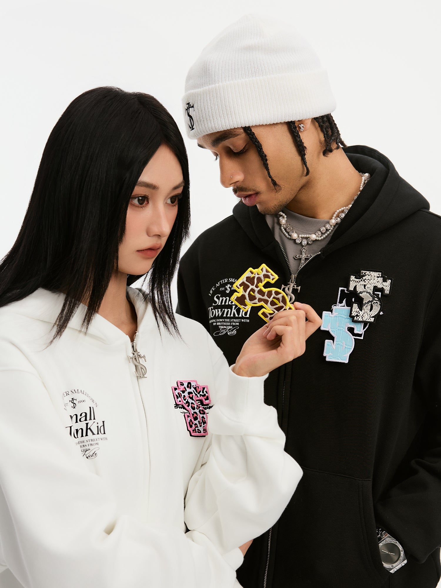 Small Town Kid Animal Textured Logo Velcro Zip-Up Hoodie