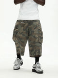 UNTILWERICH Washed Camo Multi Pocket Wide Cargo Below Knee Shorts