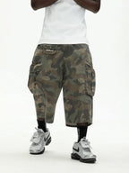 UNTILWERICH Washed Camo Multi Pocket Wide Cargo Below Knee Shorts