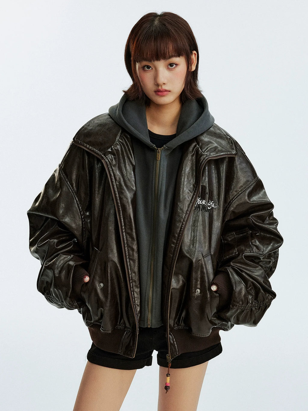 MEDM Layered Hood PU Leather Bomber Jacket