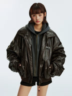 MEDM Layered Hood PU Leather Bomber Jacket