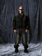 1807 Textured PU Leather Embroidered Down Jacket