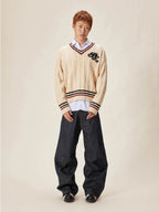 EVILKNIGHT(EK) Logo Cable Knit V Neck Sweater