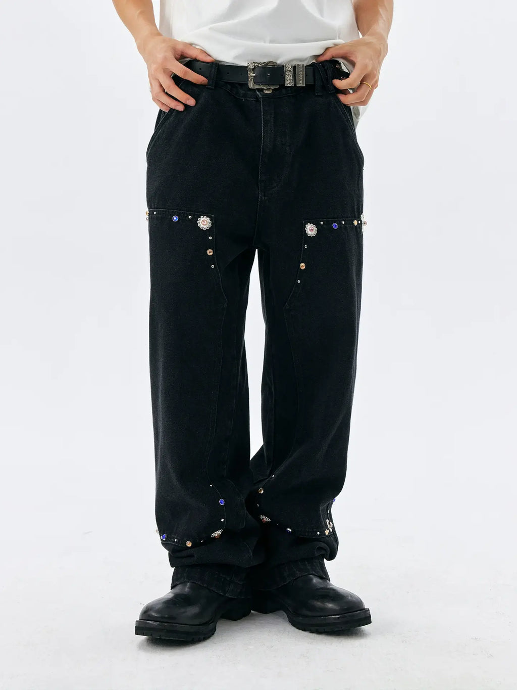 MEDM Gemstone Studded Double Knee Washed Jeans