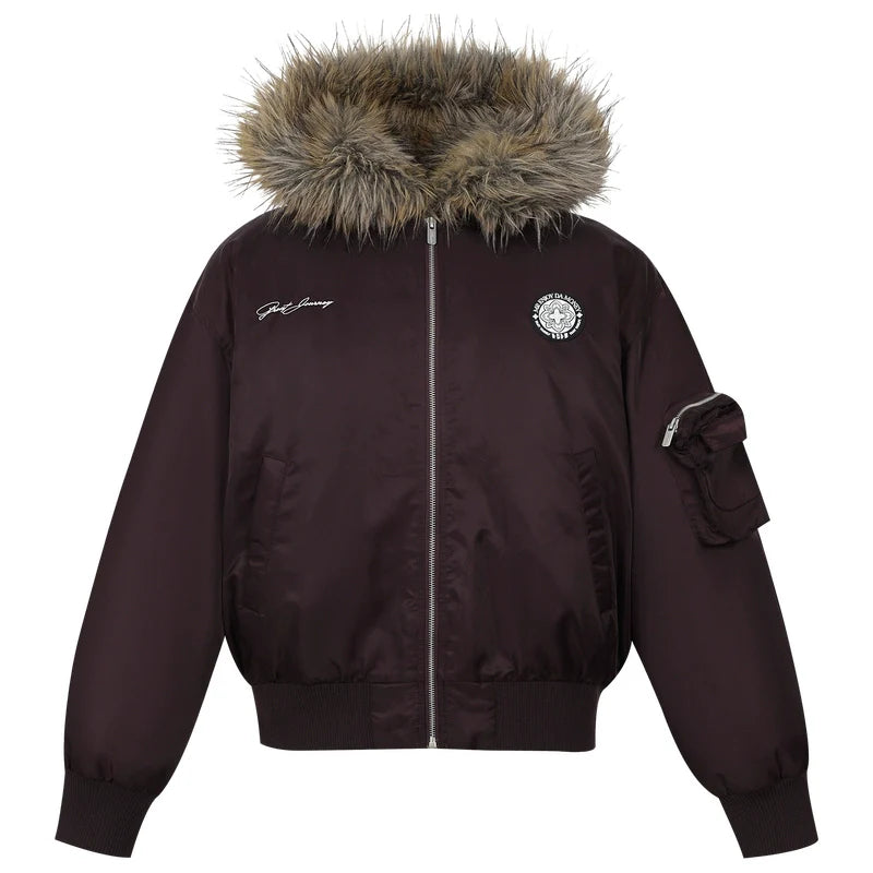 MEDM Silicone Logo Patch Fur Hooded Bomber Jacket