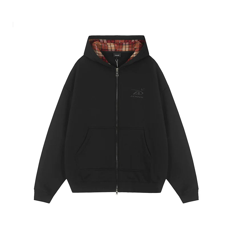 Achock Logo Embroidery Plaid Lining Zip Up Hoodie