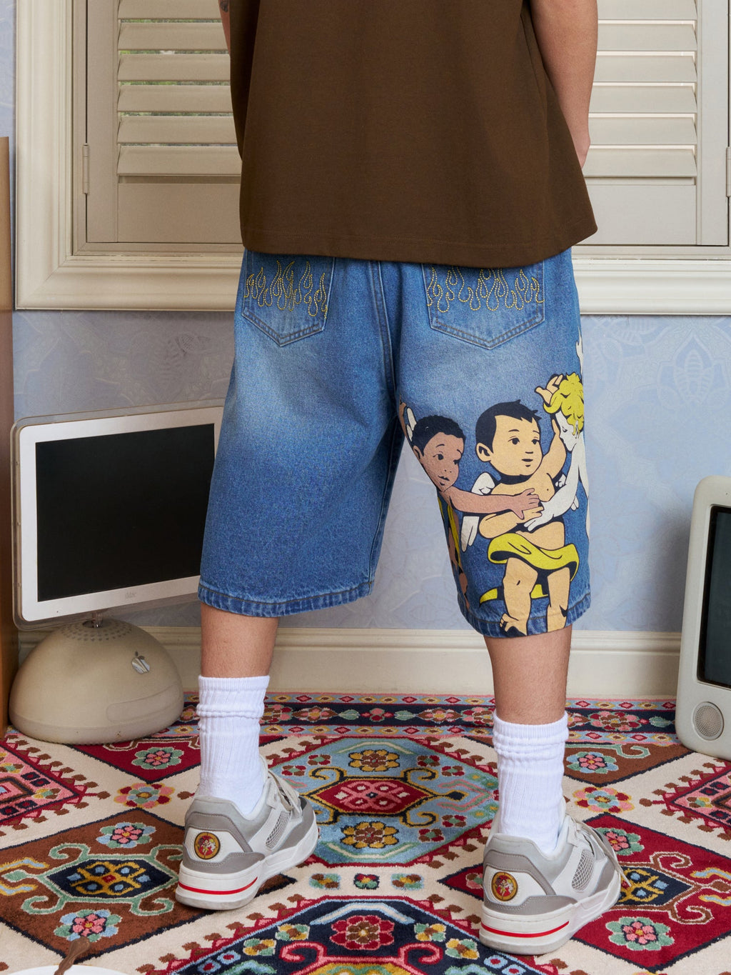 AFGK Three Angels Flame Embroidered Denim Shorts / Jorts