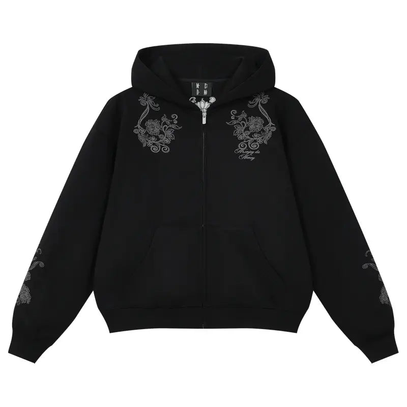 MEDM Patterned Flower Embroidered Zip Up Hoodie