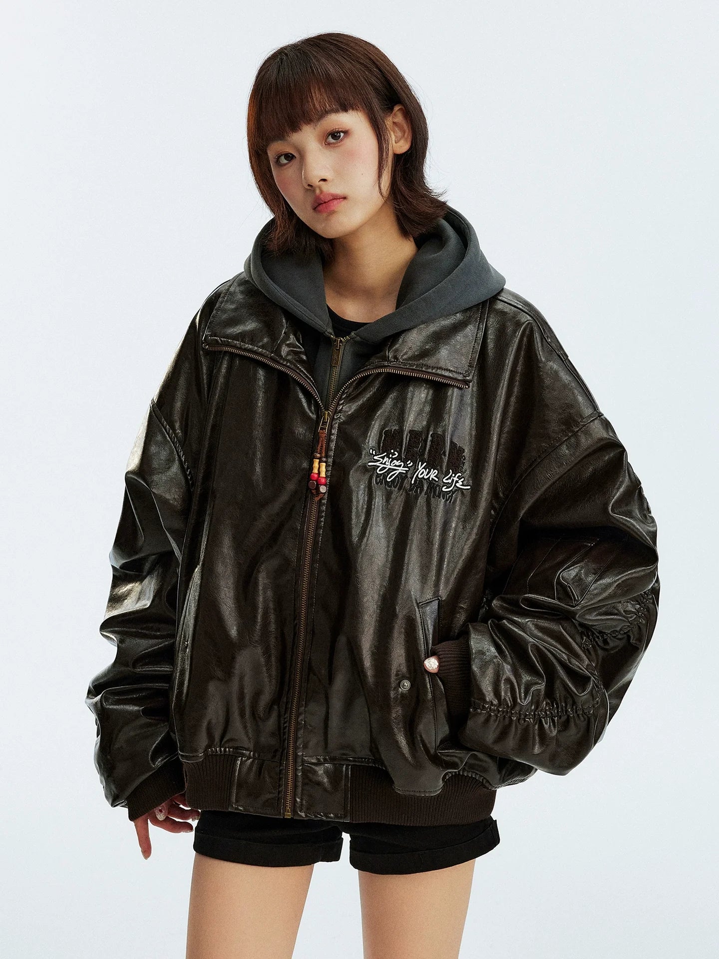MEDM Layered Hood PU Leather Bomber Jacket