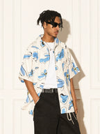 EMPTY REFERENCE White Blue Flower Short Sleeve Shirt