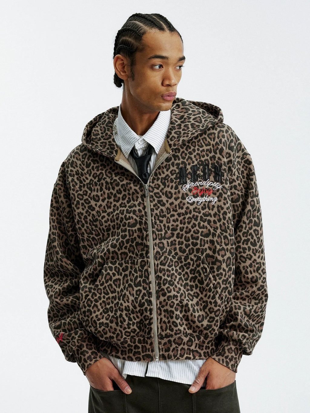 MEDM Embroidered Leopard Zip Up Hooded Jacket