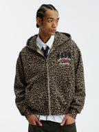 MEDM Embroidered Leopard Zip Up Hooded Jacket
