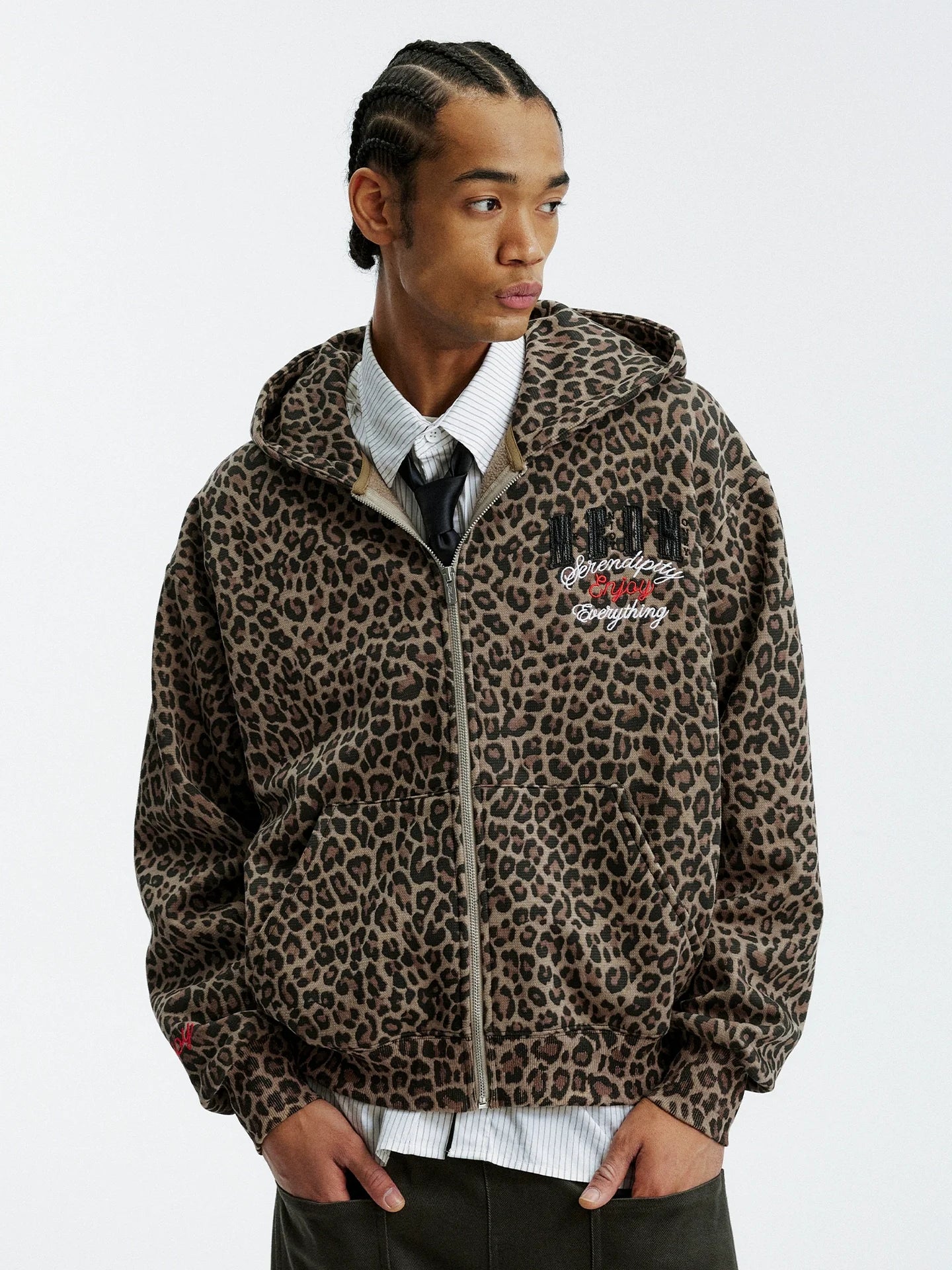 MEDM Embroidered Leopard Zip Up Hooded Jacket