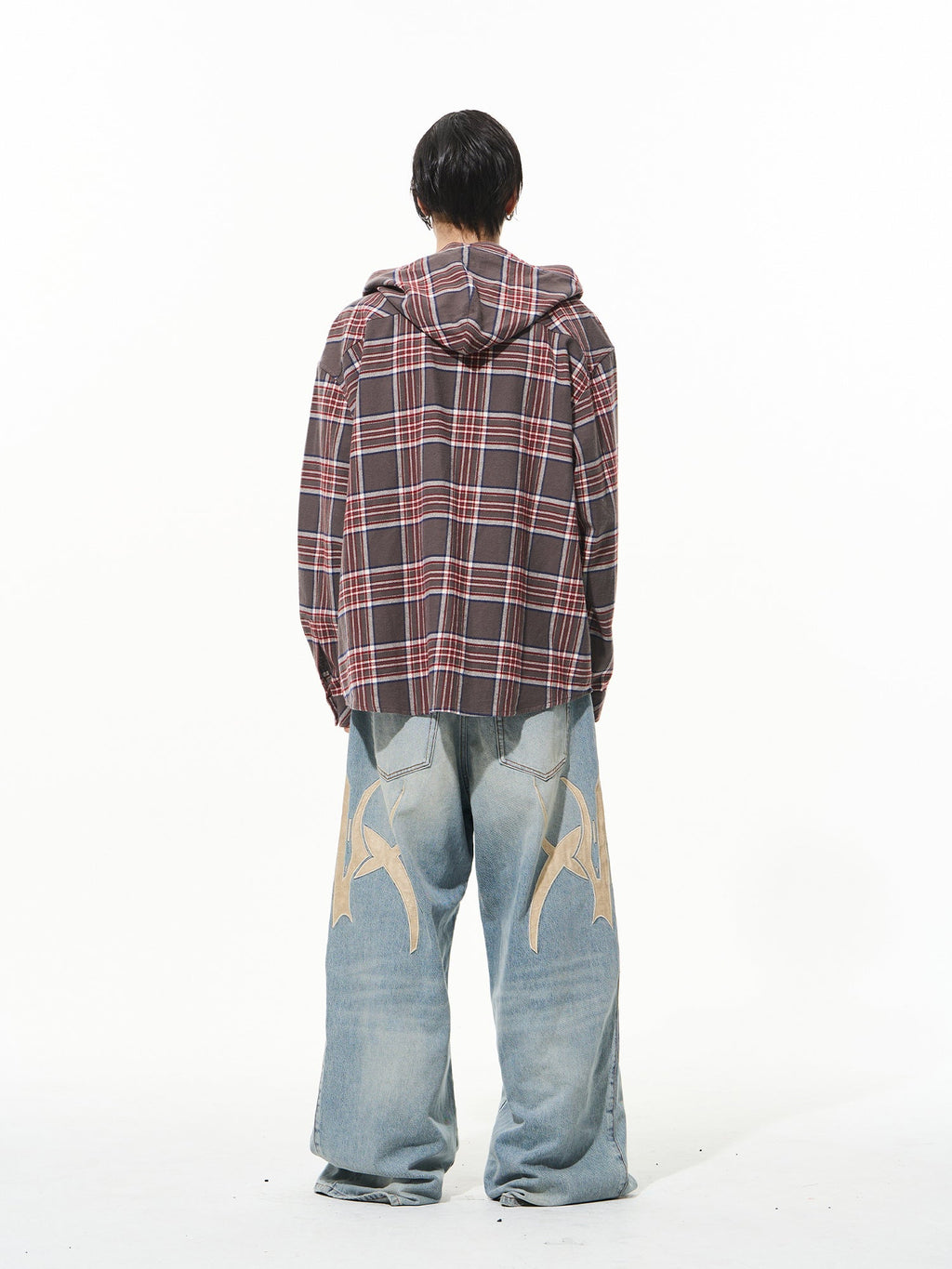 BLIND NO PLAN Metal Chain Hooded Plaid Long Sleeve Shirt