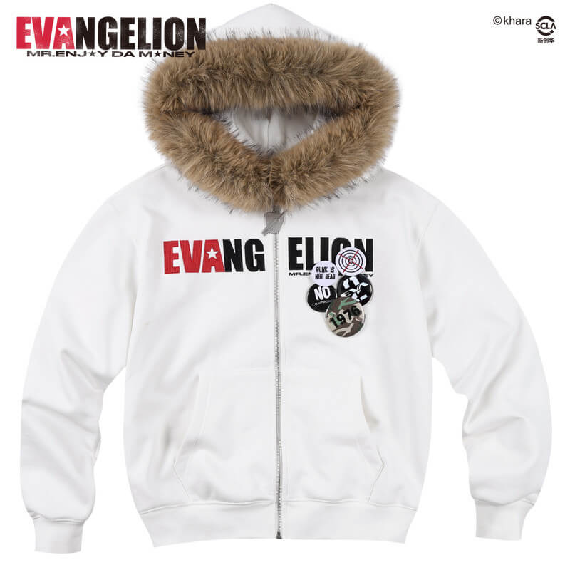 MEDM x EVA NEVER END Character Print Logo Embroidered Fur Hood Zip Up Hoodie