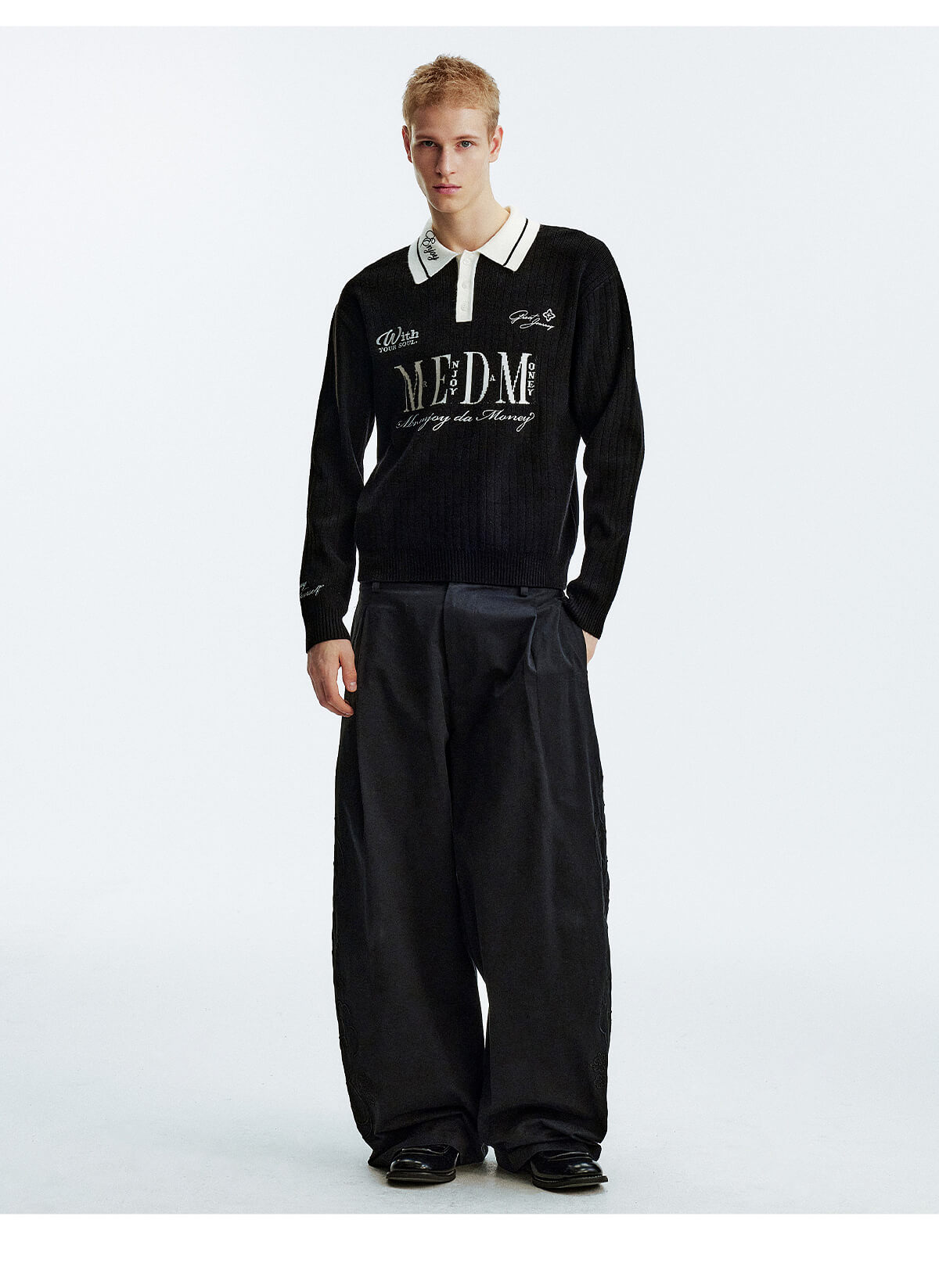 MEDM Color Blocked Long Sleeve Knit Polo Sweater